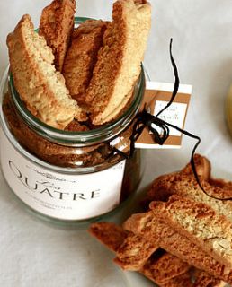 jar of almond biscotti by les quatre