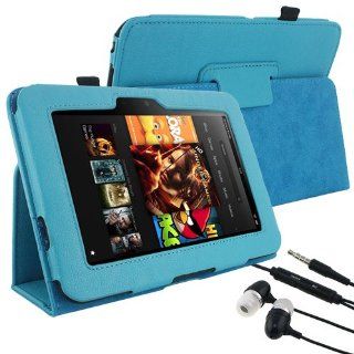 Skque Branded Flip Leather Case with Stand,Light Blue + Black 3.5mm Stereo Headset Earphone /w Mic for  Kindle Fire HD 7 Inch Tablet: Computers & Accessories