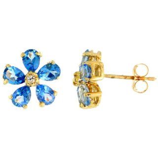 10k Gold Flower Stud Earrings, w/ Brilliant Cut Diamonds & Pear Cut Blue Topaz Stones, 3/8 in. (10mm): Jewelry