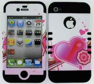 BUMPER CASE FOR IPHONE 4 SOFT BLACK SKIN HARD PINK HEART ON WHITE COVER: Cell Phones & Accessories