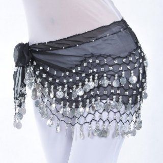 Black Chiffon 128silver coins belly dance Hip Scarf,best costume: Clothing