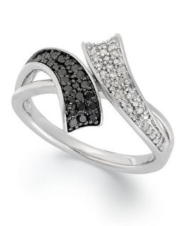 Sterling Silver Ring, Black (1/6 ct. t.w.) and White Diamond (1/10 ct. t.w.) Bypass Ring   Rings   Jewelry & Watches