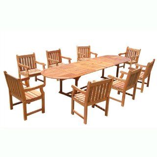 VIFAH V144SET3 Outdoor English Garden 9 Piece Dining Set with Oval Extension Table, Natural Wood Finish, 91 by 39 by 29 Inch : Outdoor And Patio Furniture Sets : Patio, Lawn & Garden
