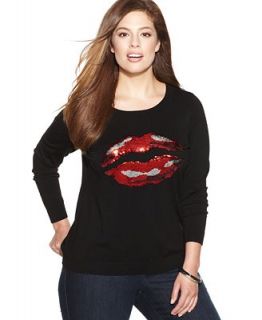 INC International Concepts Plus Size Sequin Lips Crew Neck Sweater   Sweaters   Plus Sizes