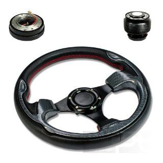 SW T330+HUB OH124+QL 2, 320mm 12.5" Black PVC Leather Red Stitch Carbon Style Trim Black Spoke 6 Hole Racing Aluminum Steering Wheel with OH124 Short Hub Adapter and 2" Slim Quick Release with Horn Button: Automotive