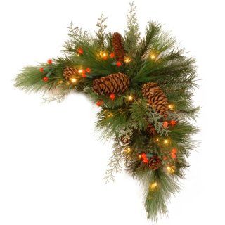 National Tree DC13 116 30CB 1 Decorative Collection White Pine Corner Swag with 63 Soft white and Red LED Battery Operated Lights, 30 Inch   Christmas Wreaths Garland Pre Lit With Batteries