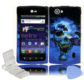Black Blue Skull with Yellow Flame Design Snap on Hard Plastic Cover Faceplate Case for MetroPcs LG Optimus M+ Plus + Screen Protector Film + Mini Adjustable Phone Stand: Cell Phones & Accessories