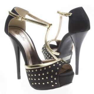 Qupid Women's DAZZLING107 Open Toe Gold Studded T Ankle Strap Mary Jane Platform Stiletto High Heel Sandals Pumps Shoes, Black PU leather, 10 B (M) US: Shoes