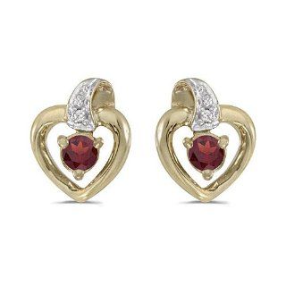 14K Yellow Gold Round Garnet and Diamond Heart Shaped Earrings: Stud Earrings: Jewelry