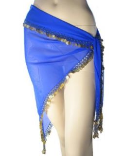 Single row Bellydance Coin Hip Scarf, Crocheted Detail, Beads, Belly Dance Coins (Blue/Gold): World Apparel: Clothing