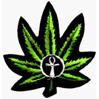 Marijuana Pot Leaf with Ankh in Center   Embroidered Iron On or Sew On Patch: Clothing