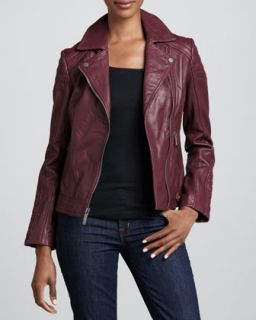 Womens Notched Collar Trapunto Leather Moto Jacket
