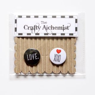 set of two love themed pin badges by the crafty alchemist