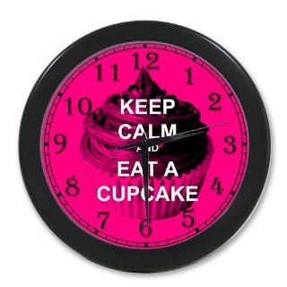 Keep Calm and Eat a Cupcake Hot Pink Print Black Wall Clock 10 Inch, Personalized Wall Clocks, Large Numbers  