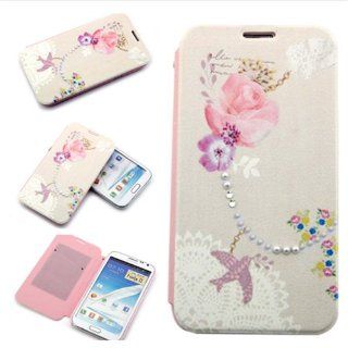 Big Dragonfly Plain Color Bling Rhinestone Premium Folio Leather Case and Flip Cover for Samsung Galaxy Note2 ii N7100 with Card Slot and Pearl Floral Patterns Exquisite Retail Package For Girls: Cell Phones & Accessories