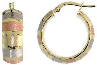 10k, Rose White Yellow Tri Color Gold Snap Post Italian Hoop Earrings, Vertical Stripe Pattern 7/8" (22mm) Jewelry