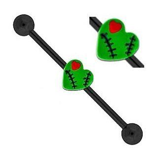 Green & Red & Black Zombie stitched heart Halloween horror lovers Black Industrial Barbell body jewelry piercing ring Earring 32mm & 35mm & 38mm 14g 14 gauge: Jewelry