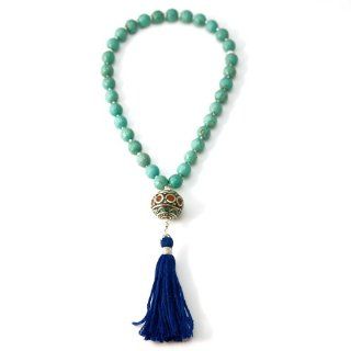 33 Magnesite Muslim Prayer Beads with Nepalese Bead and Blue Tassel: Jewelry