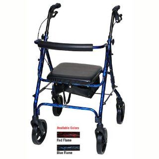Rollator Blue Flame Deluxe Aluminum Rollator Durable lightweight aluminum frame. Easy squeeze locking loop brake system. 8" PU front and rear wheels. Removable curved padded backrest for added comfort. Folds easily for transport and storage. Basket in