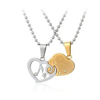 Stainless Steel Couple Music Note Lovers Pendant Necklace Set His and Hers w/ Crystal CZ Rhinestone Jewelry. FREE CHAIN NECKLACES INCLUDED.: Jewelry