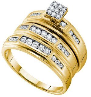 14k Yellow Gold Natural Round Diamond Square shape Cluster Womens Mens His + Hers Matching Trio Wedding Engagement Bridal Ring Band Set   .55 Ct.t.w.: Jewelry