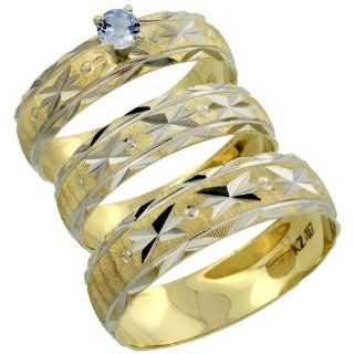 10k Gold 3 Piece Trio His (5.5mm) & Hers (4.5mm) 0.25 Carat Light Blue Sapphire Wedding Ring Band Set w/ Rhodium Accent (Available in Ladies Sizes 5 to10 & Men's Sizes 8 to 14) Ladies Size 5.5: Jewelry