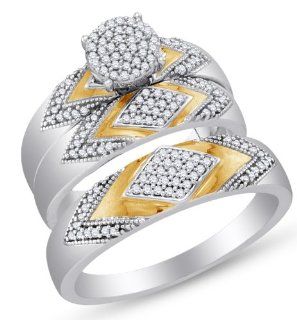 10K White and Yellow Two 2 Tone Gold Channel Set Round Brilliant Cut Diamond Mens and Ladies Couple His & Hers Trio 3 Three Ring Bridal Matching Engagement Ring Wedding Band Set   Round Shape Center Setting   (2/5 cttw.)   SEE "PRODUCT DESCRIPTION