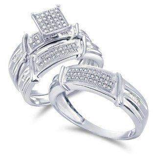 Size   9   10k White Gold Diamond Mens and Ladies Couple His & Hers Trio 3 Three Ring Bridal Matching Engagement Wedding Ring Band Set Micro Pave Set Princess Shape Solitaire Style Center Setting with Side Stones Round Cut Diamond Ring (0.36 cttw, H I 