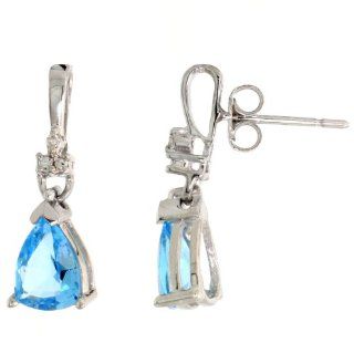 10k White Gold Pear shaped Dangle Earrings, w/ Brilliant Cut Diamonds & Pear Cut (7x5mm) Blue Topaz Stones, 3/4 in. (19mm) tall: Jewelry