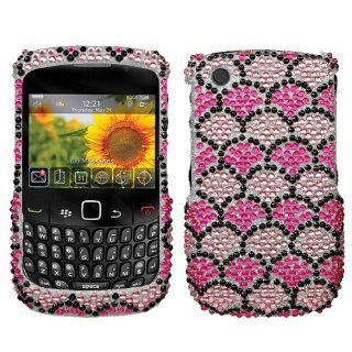 BLACKBERRY CURVE SPRINT T MOBILE VERIZON 8520 8530 AND 9300 3G HARD PLASTIC CRYSTAL DIAMOND SPARKLE RHINESTONE BLING DESIGN HOT PINK AND SILVER WHITE WAVELET RIPPLES SNAP ON CASE COVER 