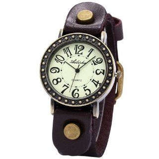 Ailisha Bronze Case Brown Genuine Leather Strap Lady Bracelet Bangle Wrist Quartz Watch WAA429: Watches