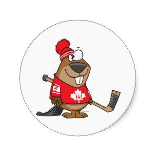 silly canadian hockey beaver cartoon round sticker