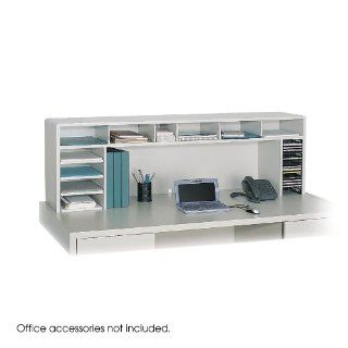 Safco Products   58"W High Clearance Desk Top Organizer   3661GR   Color: Gray   Dimensions: 57 1/2"w x 12"d x 18"h   Material: Compressed Wood   On top Organizing! This multipurpose desktop organizer brings versatility and accessibilit
