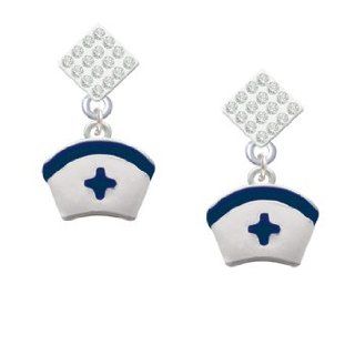 Nurse Hat with Blue Cross Clear Crystal Diamond Shaped Lulu Post Earrings: Jewelry