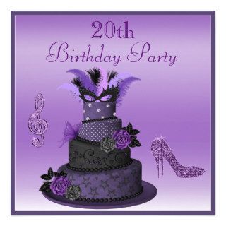 Purple Diva Cake, Sparkle High Heels 20th Birthday Personalized Announcement