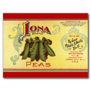 Vintage Vegetable Label for Iona Brand Peas Postcards