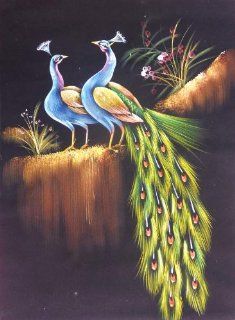 A Elegant Painting of Peacock Sitting on Bench of the Tree Made on Velvet Cloth From Pink City of India   Mixed Media Paintings