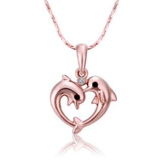 18KGP Rose Gold Double Dolphin Heart Pendant Necklace: Jewelry