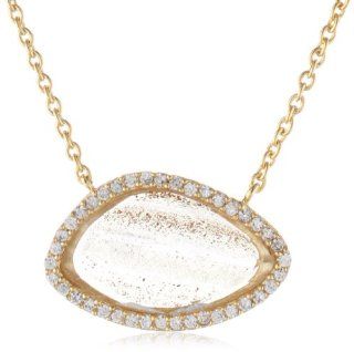 Marcia Moran "Luminous" Gold Plated Cubic Zirconia Surrounding Horizontal Organic Stone Pendant Necklace, 17.5": Jewelry