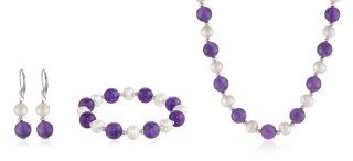 10 10.5mm Amethyst and 8 8.5mm Freshwater Cultured White Pearl Sterling Silver 3 Piece Set Including an 18" Necklace, 7.5" Stretch Bracelet and Dangling Leverback Earrings: Jewelry