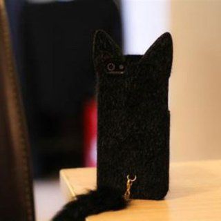 3D Cute Lovely Velvet Cat with Tail Case Cover Deco Gift For iPhone 5/5G Black Cell Phones & Accessories