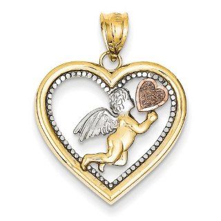 14K Yellow Tri Color Gold Rose & Rhodium Angel Heart Pendant. Metal Wt  2.02g: Jewelry