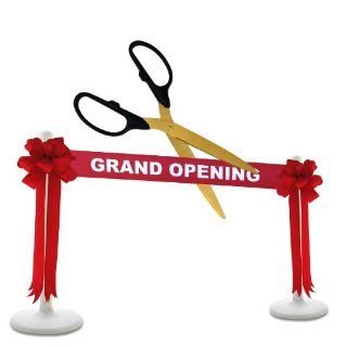 Deluxe Grand Opening Kit   36" Black/Gold Ceremonial Ribbon Cutting Scissors with 5 Yards of 6" Red Grand Opening Ribbon, 2 Red Bows and 2 White Plastic Stanchions : Office Products