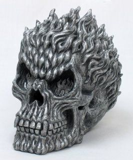 Flaming Human Skull Statue Silver Finish Fire HOT!  