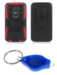 Black and Red Dual Layer Hybrid Kickstand Case + Swivel Belt Clip Holster + Atom LED Keychain Light for LG G2 (Verizon, AT&T, Sprint, T Mobile) Cell Phones & Accessories