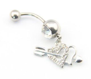 316L Stainless Steel 14G Clear Crystal Cupid Double Heart & Arrow Dangle Navel Ring Belly Bar Stud Ball Barbell Body Piercing Kit: Jewelry
