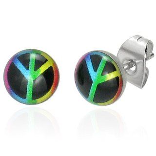 E296 E296 7mm Stainless Steel Multi Colour Gay Pride Peace Sign Circle Pair of Stud Earrings: Jewelry
