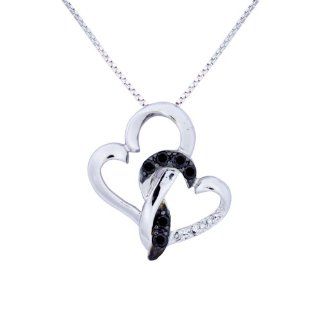 10k White Gold Black and White Diamond Double Heart Pendant Necklace (0.14 cttw, I J Color, I2 I3 Clarity), 18": Jewelry