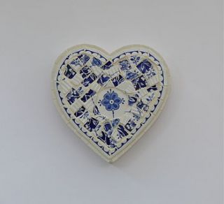blue and white china mosaic heart wall art by rana cullimore