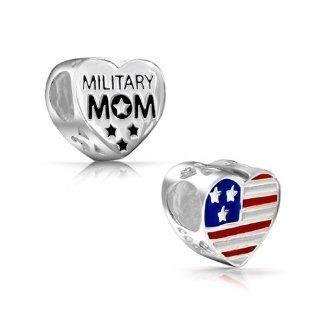Bling Jewelry Patriotic Sterling USA Flag Military Mom Heart Bead Fits Pandora Jewelry